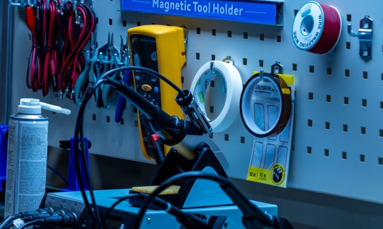 A neatly organized workbench featuring tools, cables, and a magnetic tool holder in a workshop. - Photo by Yudi Ding on Pexels